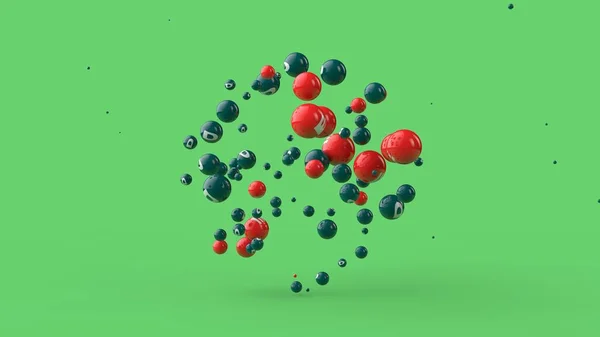 Ilustración 3D de muchas bolas de diferentes colores aisladas sobre un fondo verde. Las vitaminas están dispersas en el espacio. La idea de una dieta saludable, fuerza y salud. Renderizado 3D — Foto de Stock