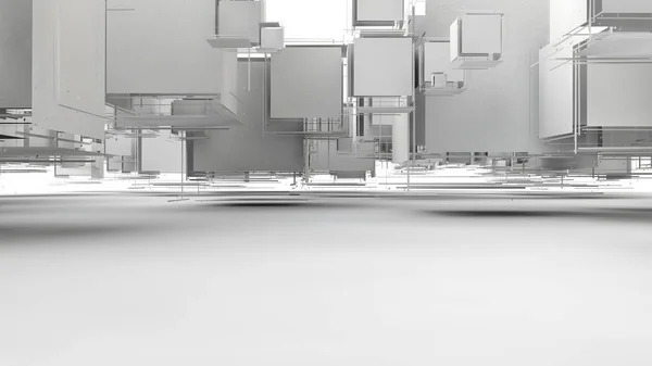 3D-rendering av en abstrakt bakgrund av en uppsättning geometriska element av regelbunden form, slumpmässigt fördelade i rymden av en vit yta. 3D-abstraktion isolerad på vit bakgrund. — Stockfoto