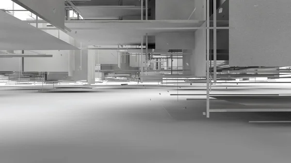 Renderização 3D de um fundo abstrato de um conjunto de elementos geométricos de forma regular, distribuídos aleatoriamente no espaço por uma superfície branca. abstração 3D isolado no fundo branco . — Fotografia de Stock