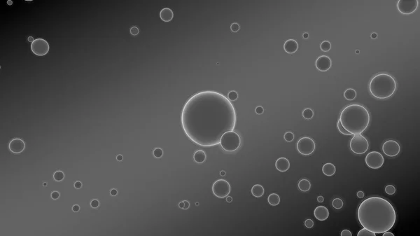 3D illustration of abstract background. Gray gradient with many drops of different shapes and sizes. Balls glow in space. 3D rendering. Futuristic background of many drops of luminous substance — Stock Photo, Image