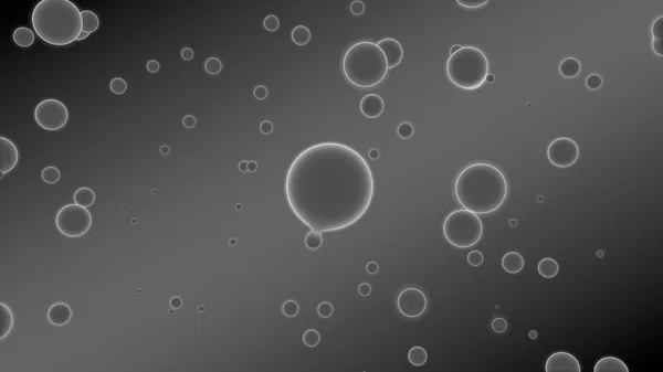 3D illustration of abstract background. Gray gradient with many drops of different shapes and sizes. Balls glow in space. 3D rendering. Futuristic background of many drops of luminous substance — Stock Photo, Image