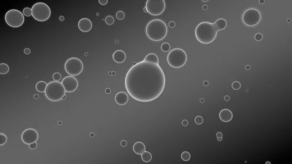 3D illustration of abstract background. Gray gradient with many drops of different shapes and sizes. Balls glow in space. 3D rendering. Futuristic background of many drops of luminous substance — Stock Photo, Image