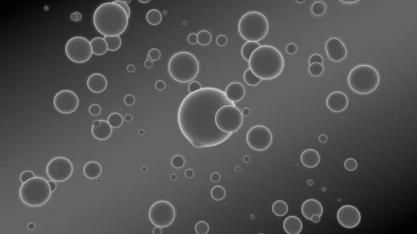 抽象的な背景の3Dイラスト。異なる形状とサイズの多くの滴を持つ灰色のグラデーション。ボールは宇宙で輝く。3D レンダリング。発光物質の多くの滴の未来的背景 — ストック写真