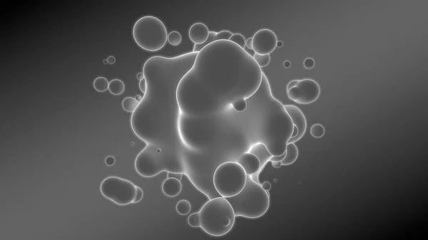 抽象的な背景の3Dイラスト。異なる形状とサイズの多くの滴を持つ灰色のグラデーション。ボールは宇宙で輝く。3D レンダリング。発光物質の多くの滴の未来的背景 — ストック写真