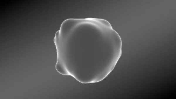 3D illustration of a sphere of irregular shape with a wavy, swollen surface. The sphere glows in a dark space against a gray gradient. 3D rendering, abstract background.