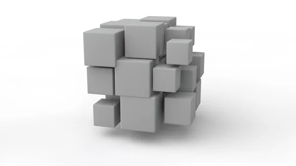 3D renderização de um conjunto de cubos localizados no espaço, de tamanho diferente, cor branca, isolado em um fundo branco. Modelo geométrico de destruição, caos e variedade de formas. Ilustração 3D . — Fotografia de Stock