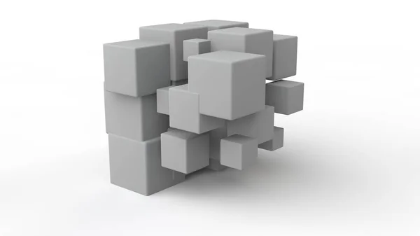 Rendu 3D d'un ensemble de cubes situés dans l'espace, de différentes tailles, de couleur blanche, isolés sur un fond blanc. Modèle géométrique de destruction, chaos et variété de formes. Illustration 3D . — Photo