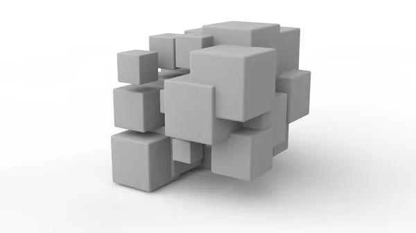 位于空间中的一组立方体的 3d 渲染，这些立方体的大小不同，白色，在白色背景上隔离。破坏、混乱和多种形式的几何模型。3d 插图. — 图库照片