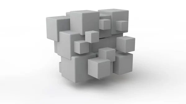 位于空间中的一组立方体的 3d 渲染，这些立方体的大小不同，白色，在白色背景上隔离。破坏、混乱和多种形式的几何模型。3d 插图. — 图库照片