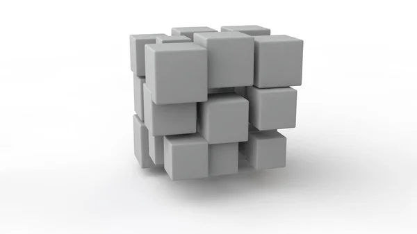 Rendering 3D di un insieme di cubi situati nello spazio, di diverse dimensioni, di colore bianco, isolati su uno sfondo bianco. Modello geometrico di distruzione, caos e varietà di forme. Illustrazione 3D . — Foto Stock
