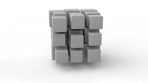3D renderização de um conjunto de cubos localizados no espaço, de tamanho diferente, cor branca, isolado em um fundo branco. Modelo geométrico de destruição, caos e variedade de formas. Ilustração 3D . — Fotografia de Stock