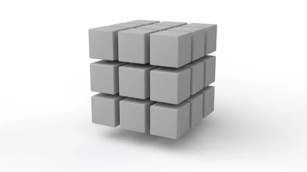 Rendering 3D di un insieme di cubi situati nello spazio, di diverse dimensioni, di colore bianco, isolati su uno sfondo bianco. Modello geometrico di distruzione, caos e varietà di forme. Illustrazione 3D . — Foto Stock