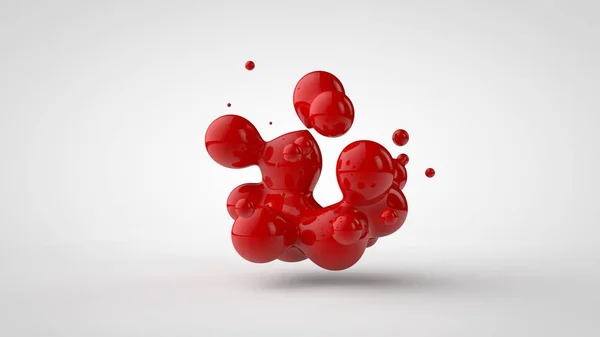 La rappresentazione in 3 D di una pluralità di gocce del liquido rosso ha sembrato il sangue, il succo. Gocce di forme diverse, di dimensioni diverse disposte casualmente nello spazio, isolate su uno sfondo bianco. Illustrazione 3D — Foto Stock