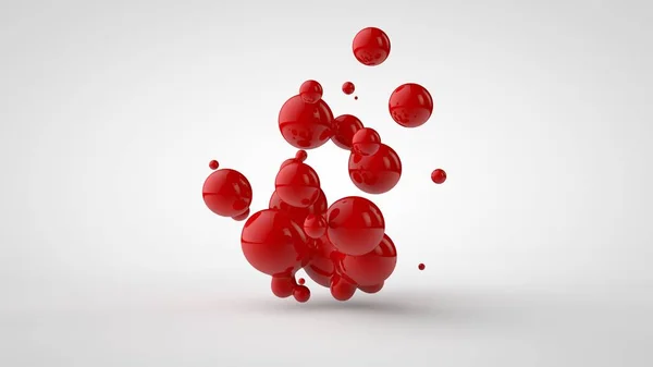 La rappresentazione in 3 D di una pluralità di gocce del liquido rosso ha sembrato il sangue, il succo. Gocce di forme diverse, di dimensioni diverse disposte casualmente nello spazio, isolate su uno sfondo bianco. Illustrazione 3D — Foto Stock