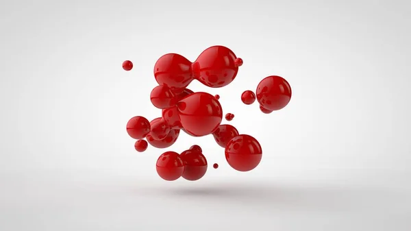 赤い液体の複数の滴の3Dレンダリングは、血液、ジュースのように見えた。異なる形状の滴、異なるサイズがランダムに空間に配置され、白い背景に隔離されます。3Dイラスト — ストック写真