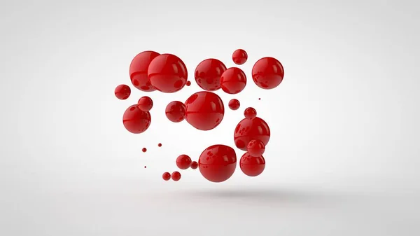 3D teszi a pluralitás csepp a piros folyadék nézett ki, mint a vér, gyümölcslé. Csepp különböző formájú, különböző méretű véletlenszerűen elrendezett térben, elszigetelt fehér alapon. 3D-illusztráció — Stock Fotó