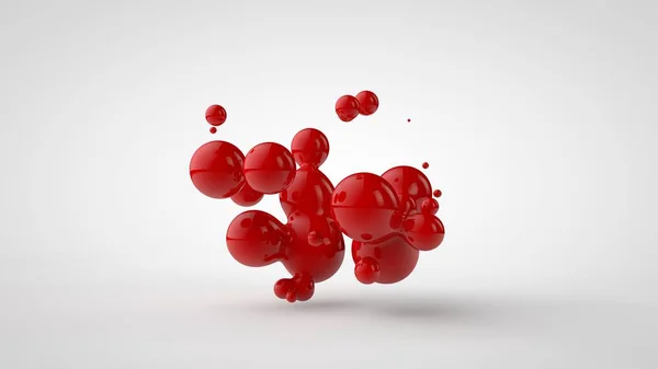 3D-rendering av ett flertal droppar av den röda vätskan såg ut som blod, saft. Droppar av olika former, olika storlekar slumpmässigt ordnade i rymden, isolerade på en vit bakgrund. 3D-illustration — Stockfoto