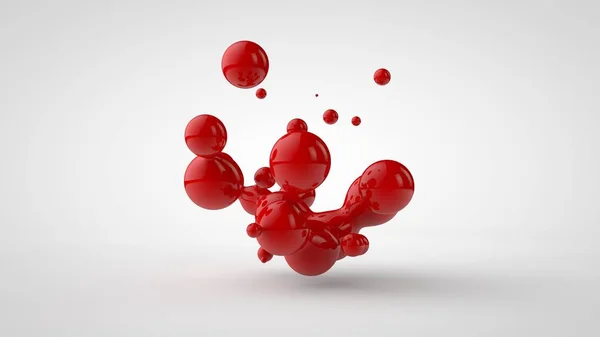 3D rendering of a plurality of drops of the red liquid looked like blood, juice. Drops of different shapes, different sizes randomly arranged in space, isolated on a white background. 3D illustration — Stock Photo, Image