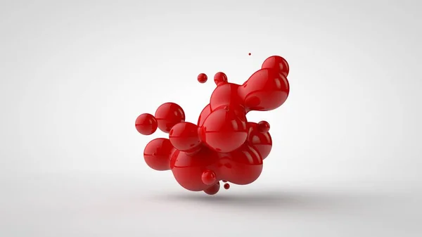 La rappresentazione in 3 D di una pluralità di gocce del liquido rosso ha sembrato il sangue, il succo. Gocce di forme diverse, di dimensioni diverse disposte casualmente nello spazio, isolate su uno sfondo bianco. Illustrazione 3D — Foto Stock