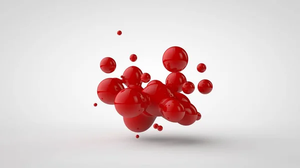 Le rendu 3D d'une pluralité de gouttes du liquide rouge ressemblait à du sang, du jus. Gouttes de formes différentes, de tailles différentes disposées au hasard dans l'espace, isolées sur un fond blanc. Illustration 3D — Photo