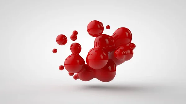 La rappresentazione in 3 D di una pluralità di gocce del liquido rosso ha sembrato il sangue, il succo. Gocce di forme diverse, di dimensioni diverse disposte casualmente nello spazio, isolate su uno sfondo bianco. Illustrazione 3D — Foto Stock