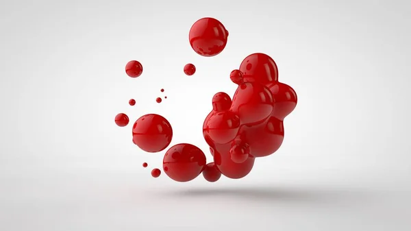 A interpretação 3D de uma pluralidade de baixas do líquido vermelho parecia sangue, suco. Gotas de diferentes formas, diferentes tamanhos dispostos aleatoriamente no espaço, isoladas em um fundo branco. Ilustração 3D — Fotografia de Stock