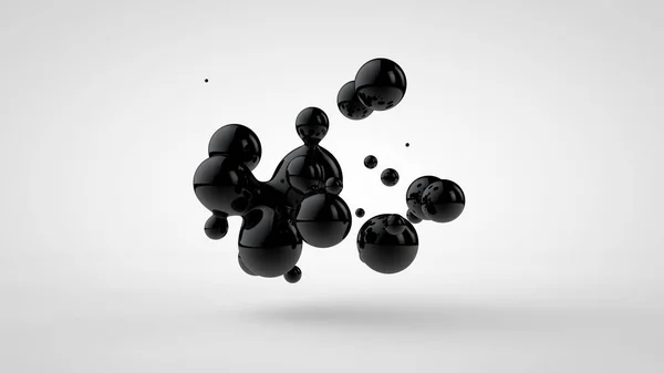 3D-illustratie van zwarte oliedruppeltjes willekeurig gespreid en geïsoleerd op een witte achtergrond. 3D rendering, abstract beeld van chaos en stoornis. — Stockfoto