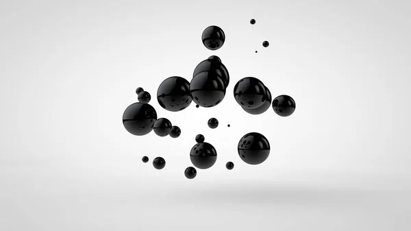 3D-illustration av svarta oljedroppar slumpmässigt fördelade och isolerade på en vit bakgrund. 3D-rendering, abstrakt bild av kaos och oordning. — Stockfoto