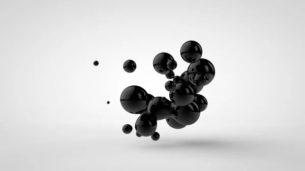 黒い油滴の3Dイラストは、ランダムに間隔をあけ、白い背景に隔離されています。3Dレンダリング、カオスと障害の抽象的なイメージ. — ストック写真