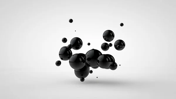 Illustrazione 3D di goccioline di olio nero distanziate casualmente e isolate su uno sfondo bianco. Rendering 3D, immagine astratta di caos e disordine . — Foto Stock