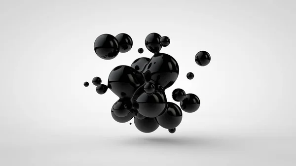 검은 기름 방울의 3D 그림은 무작위로 이격하고 흰색 배경에 격리. 3D 렌더링, 혼돈과 장애의 추상적 인 이미지. — 스톡 사진