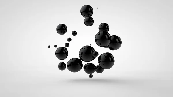 Illustrazione 3D di goccioline di olio nero distanziate casualmente e isolate su uno sfondo bianco. Rendering 3D, immagine astratta di caos e disordine . — Foto Stock