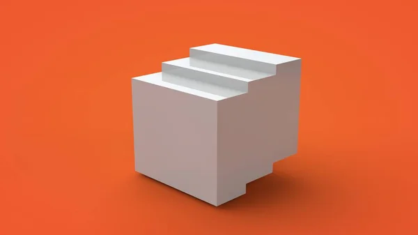 3D візуалізація білого куба ізольовано на жовтому тлі. Куб ділиться на сегменти, частини утворюють сходинки з гострими ребрами. Абстрактне зображення геометричної фігури, ілюстрація . — стокове фото