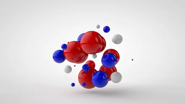 Bir grupta farklı boyutlarda birçok renkli topları 3d illüstrasyon. Kırmızı, mavi ve beyaz küreler beyaz arka plan üzerinde izole. Soyut görüntü, 3d render — Stok fotoğraf