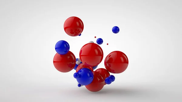 Bir grupta farklı boyutlarda birçok renkli topları 3d illüstrasyon. Kırmızı, mavi ve beyaz küreler beyaz arka plan üzerinde izole. Soyut görüntü, 3d render — Stok fotoğraf