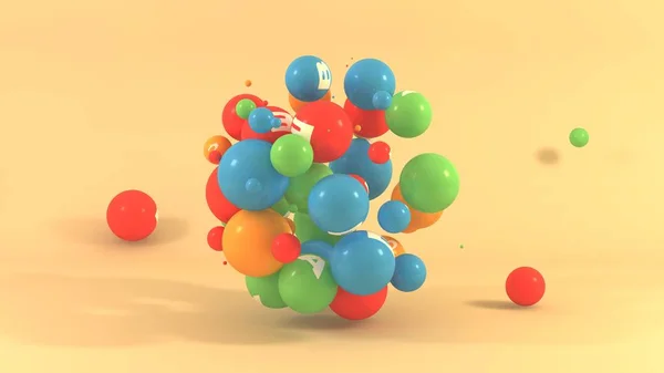 Ilustracja 3D wielu kulek o różnych kolorach z symbolami witamin. Multiwitaminy w przestrzeni izolowane na pomarańczowym tle. Renderowanie 3D, idea zdrowego stylu życia — Zdjęcie stockowe