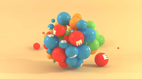 Ilustração 3D de muitas bolas de cores diferentes com símbolos de vitaminas. Multivitaminas no espaço isoladas em fundo laranja. 3D renderização, a ideia de um estilo de vida saudável — Fotografia de Stock