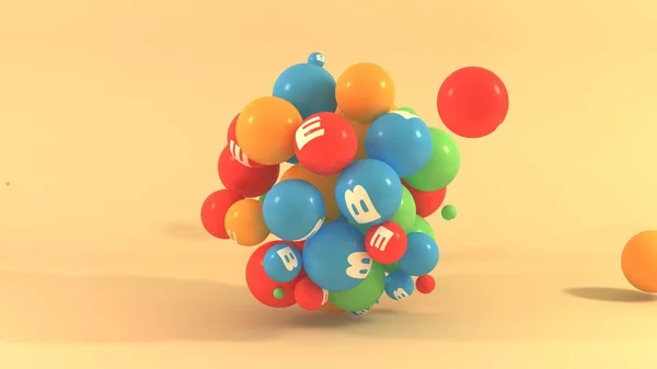 3D ілюстрація багатьох кульок різних кольорів з символами вітамінів. Мультивітаміни в просторі ізольовані на помаранчевому фоні. 3D візуалізація, ідея здорового способу життя — стокове фото