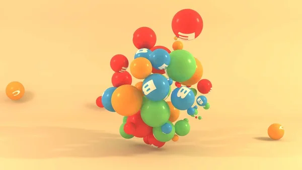 3D illusztrálja sok golyó különböző színű szimbólumok a vitaminok. Az űrben izolált multivitaminok narancssárga háttérrel. 3D-s renderelés, az egészséges életmód gondolata — Stock Fotó