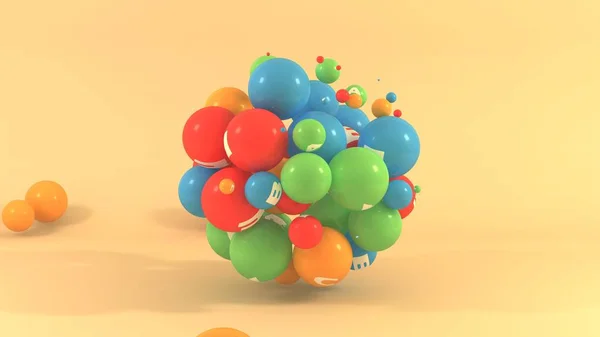 Ilustração 3D de muitas bolas de cores diferentes com símbolos de vitaminas. Multivitaminas no espaço isoladas em fundo laranja. 3D renderização, a ideia de um estilo de vida saudável — Fotografia de Stock