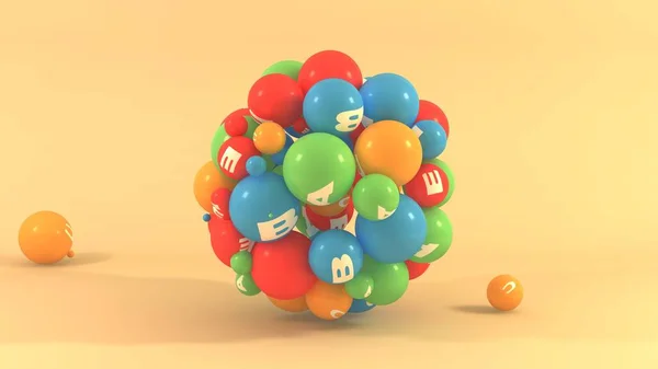 3D-illustratie van vele ballen van verschillende kleuren met symbolen van vitaminen. Multivitaminen in de ruimte geïsoleerd op oranje achtergrond. 3D-rendering, het idee van een gezonde levensstijl — Stockfoto