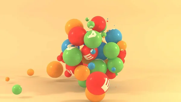 Ilustracja 3D wielu kulek o różnych kolorach z symbolami witamin. Multiwitaminy w przestrzeni izolowane na pomarańczowym tle. Renderowanie 3D, idea zdrowego stylu życia — Zdjęcie stockowe