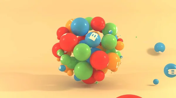 3D ilustrace mnoha míčků s různými barvami a symboly vitaminů. Multivitamins v prostoru izolovanému na oranžovém pozadí. prostorové vykreslování, představa zdravého životního stylu — Stock fotografie