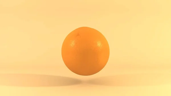 3D image of a ripe orange, close-up, isolated on a yellow background casts shadows on the surface. 3D rendering of fruit, citrus. — Stock Photo, Image