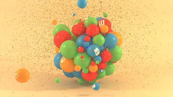 许多不同颜色的球的3d插图与维生素的象征。在橙色背景上隔离的空间中的多种维生素。3d 渲染，健康生活方式的理念 — 图库照片