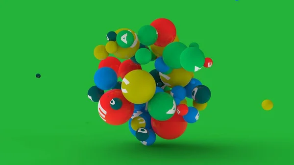 3D renderelés tucatnyi golyó különböző színű szimbólumok a vitaminok. Az ötlet a vitamin robbanás, az egészséges táplálkozás és életmód. a 3D illusztráció zöld alapon izolált. — Stock Fotó