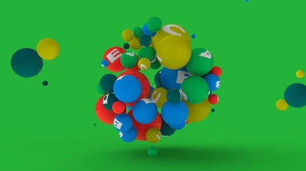 Pencitraan 3D dari lusinan bola dengan warna yang berbeda dengan simbol vitamin. Ide ledakan vitamin, makan sehat dan gaya hidup. Ilustrasi 3D diisolasi pada latar belakang hijau . — Stok Foto
