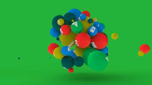 3D-rendering av dussintals bollar i olika färger med symboler av vitaminer. Idén om vitamin explosion, hälsosam kost och livsstil. 3D-illustration isolerad på en grön bakgrund. — Stockfoto