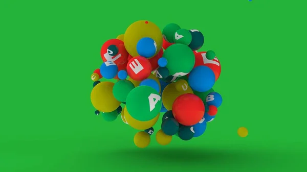 3D vykreslování desítek koulí různých barev a symbolů vitaminů. Představa exploze vitamínů, zdravého stravování a životního stylu. 3D ilustrace izolovaná na zeleném pozadí. — Stock fotografie