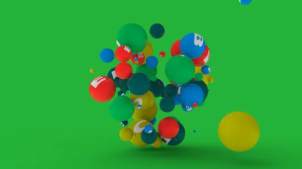 3D vykreslování desítek koulí různých barev a symbolů vitaminů. Představa exploze vitamínů, zdravého stravování a životního stylu. 3D ilustrace izolovaná na zeleném pozadí. — Stock fotografie